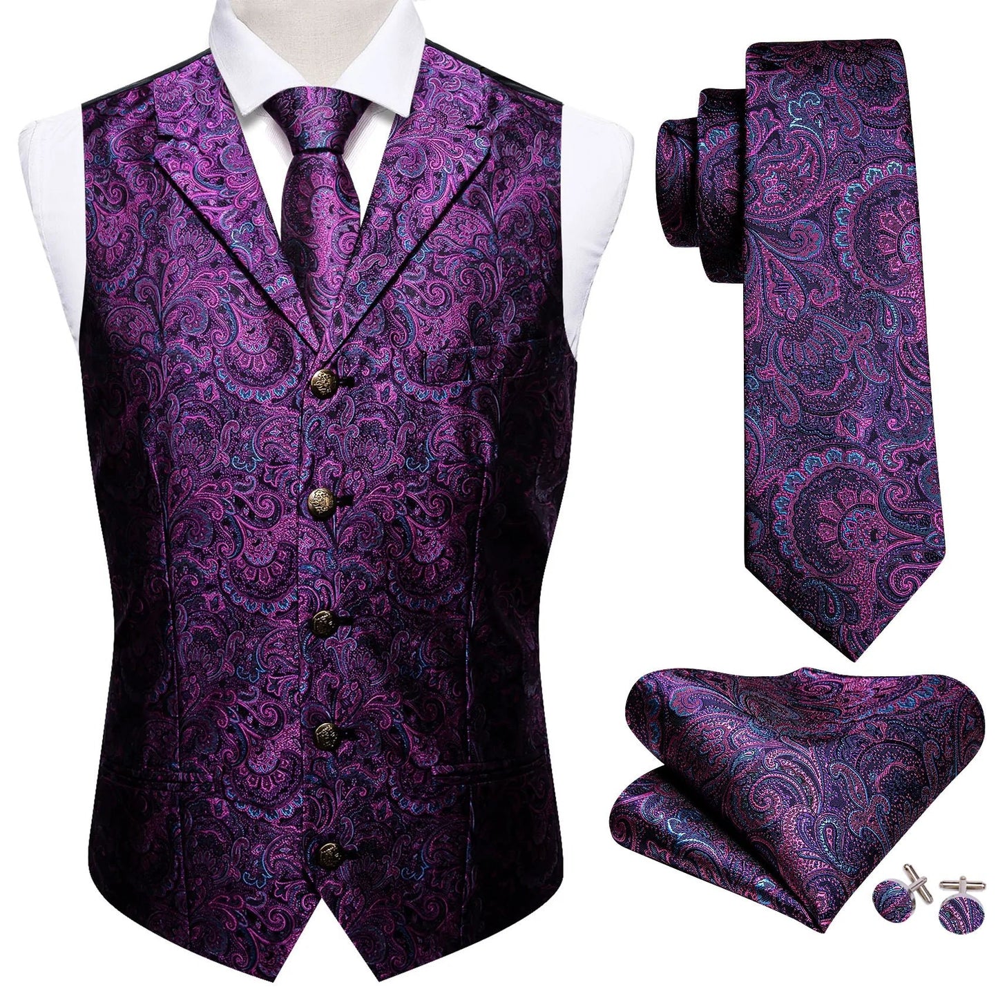 Purple Floral Silk with Metal Button Vest Set - Masculine Clothes