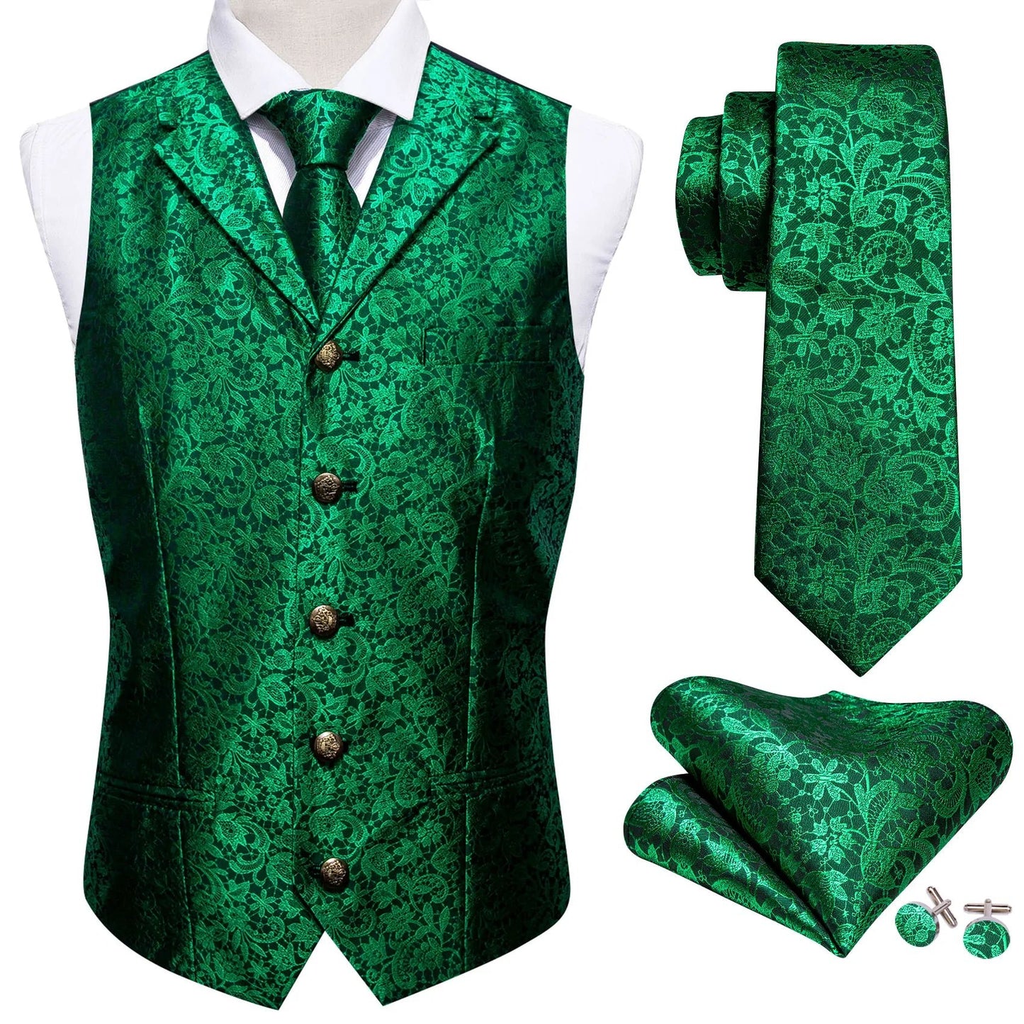 Green Floral Silk Vest Set - Masculine Clothes