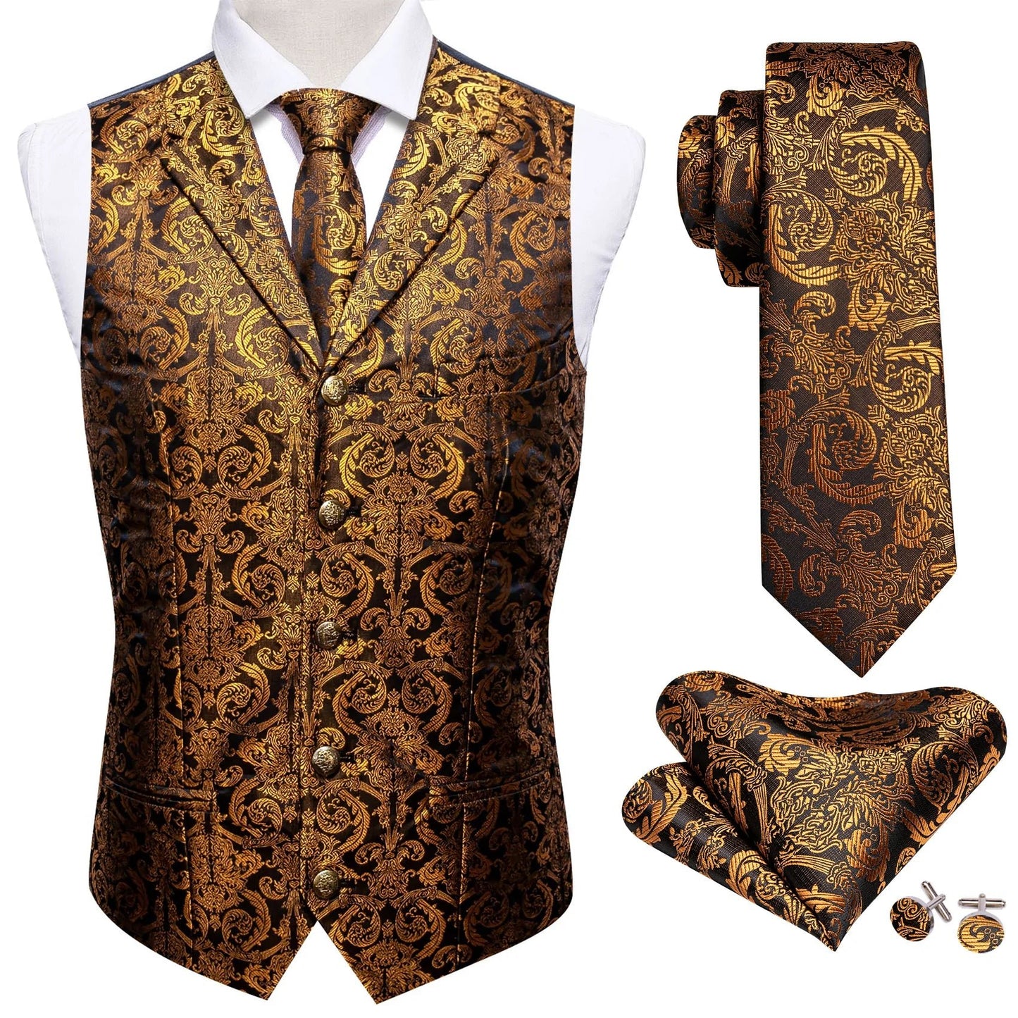 Golden Yellow In Black Silk Vest Set - Masculine Clothes