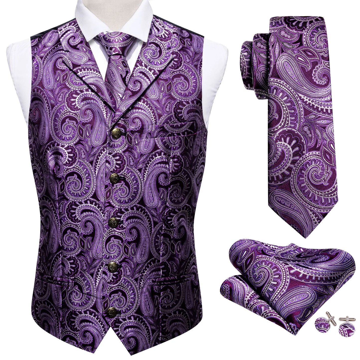 Purple Metal Button Silk Vest Set - Masculine Clothes