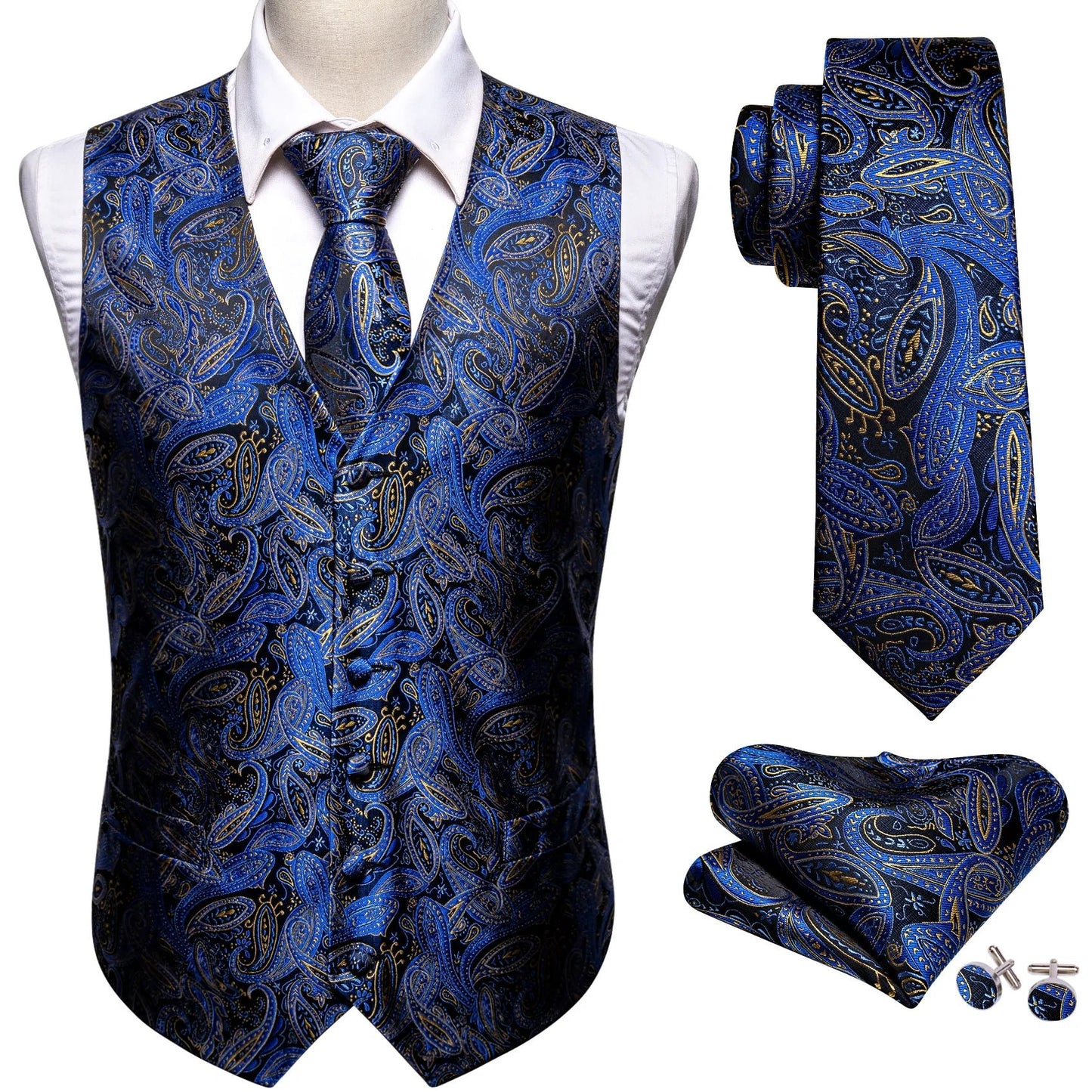 Gold Floral In Blue Silk Vest Set - Masculine Clothes