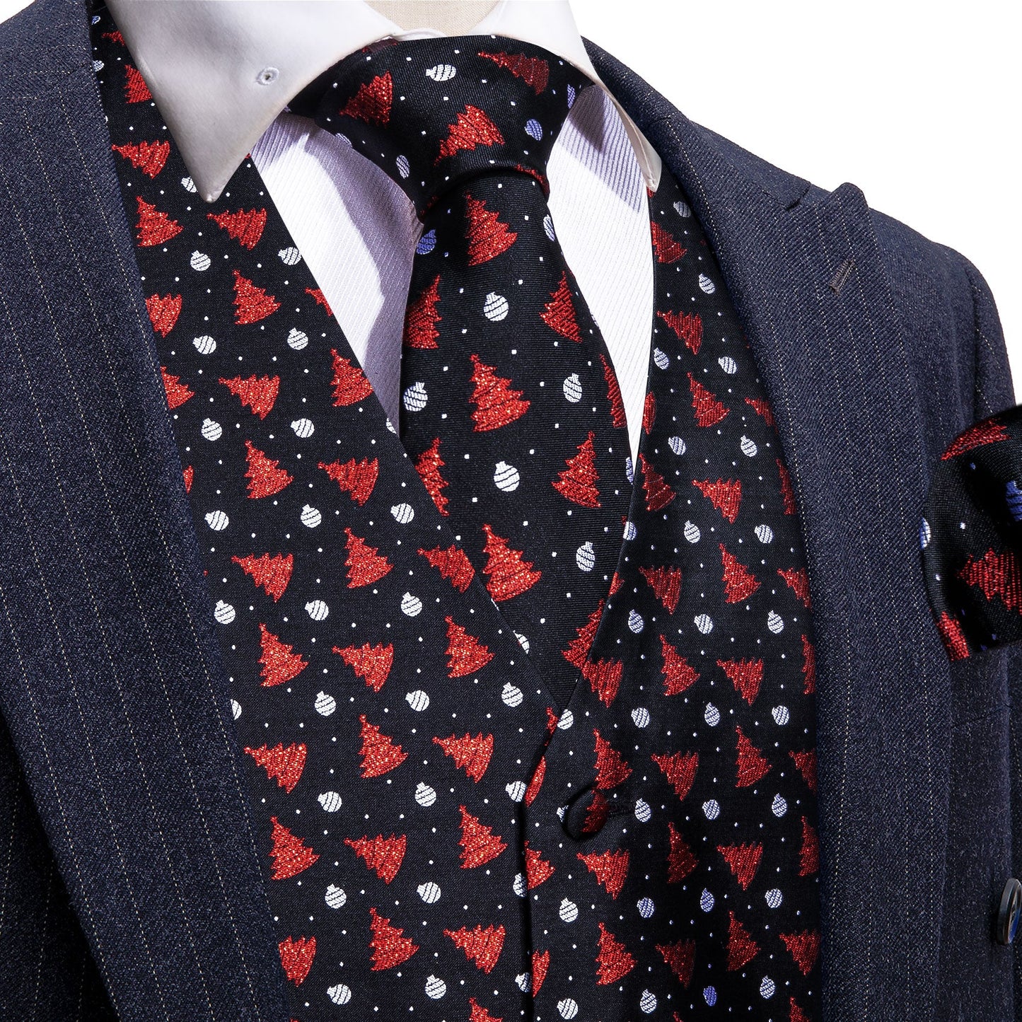 Red Xmas Tree with White Dots Silk Vest Set - Masculine Clothes