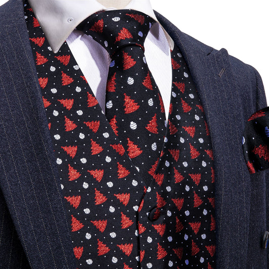 Red Xmas Tree with White Dots Silk Vest Set - Masculine Clothes