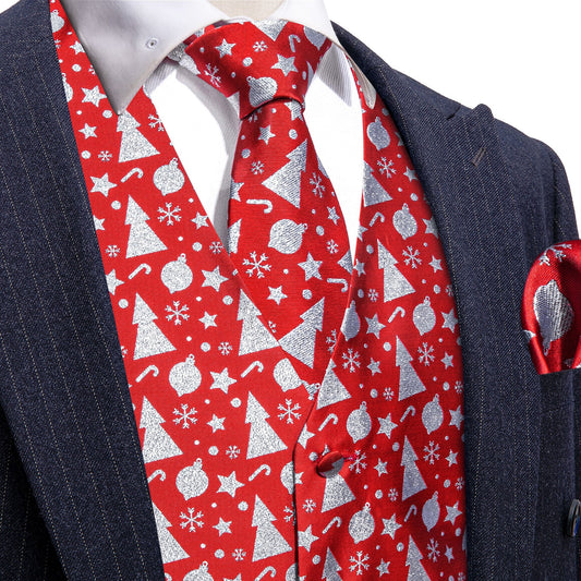 Silver Xmas Decors In Red Silk Vest Set - Masculine Clothes