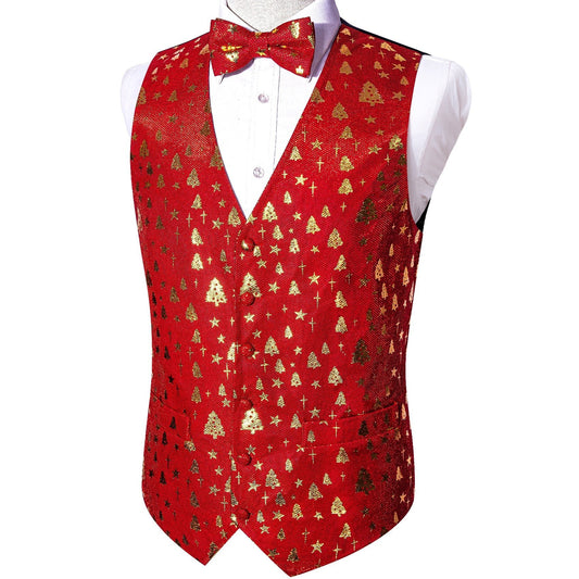 Gold Xmas Tree In Red Silk Vest - Masculine Clothes