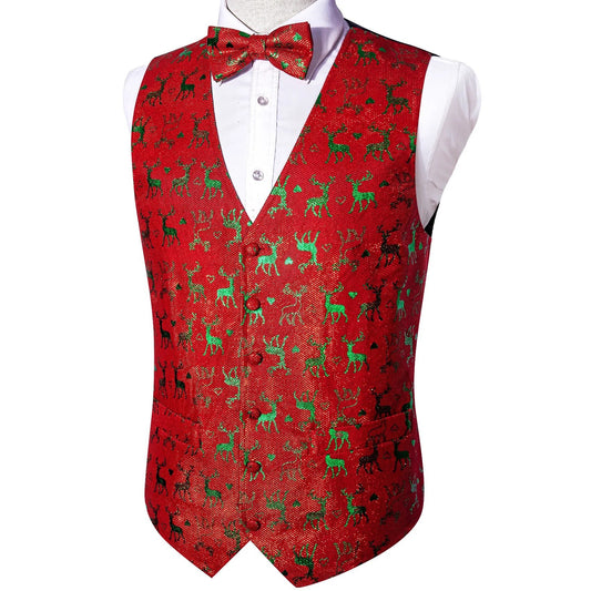 Green Reindeer In Red Silk Vest - Masculine Clothes