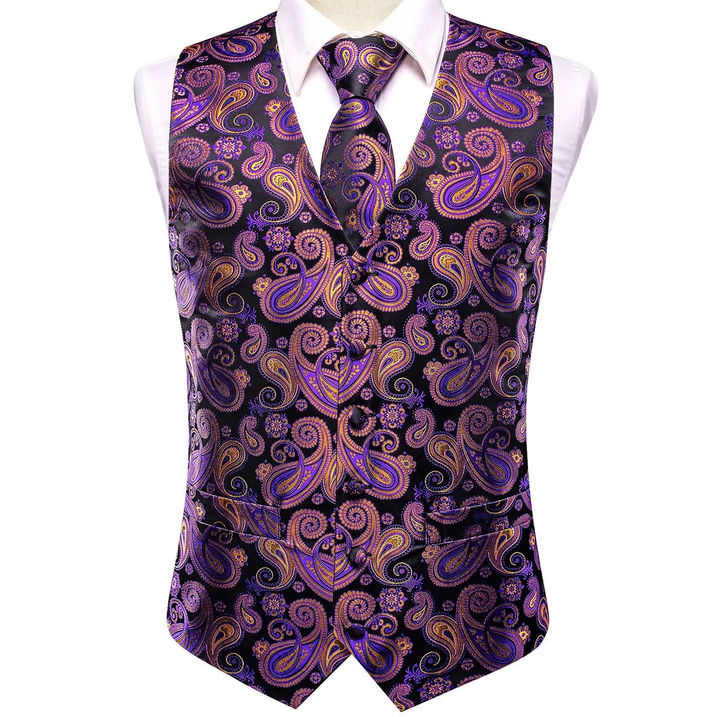 Purple and Orange Leaves Silk Vest Set - Masculine Clothes