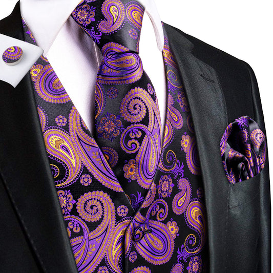 Purple and Orange Leaves Silk Vest Set - Masculine Clothes