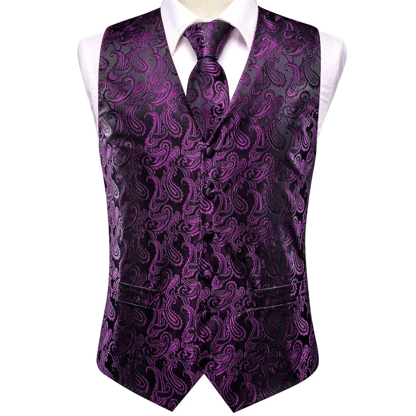 Purple Floral In Black Silk Vest Set - Masculine Clothes