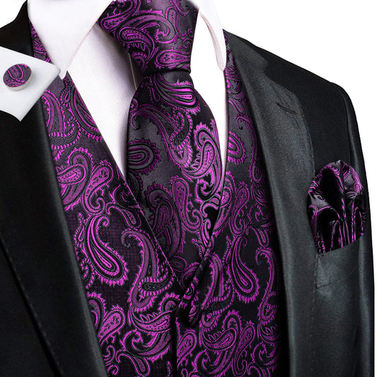Purple Floral In Black Silk Vest Set - Masculine Clothes