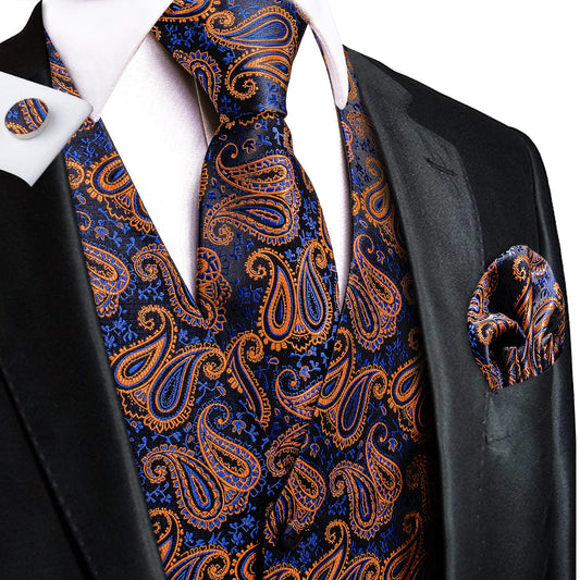 Orange Floral In Blue Vest Set - Masculine Clothes