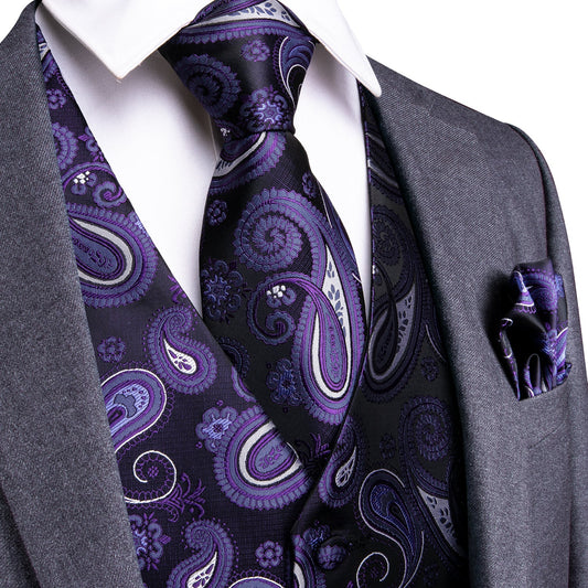 Purple and White Leaves Silk Vest Set - Masculine Clothes