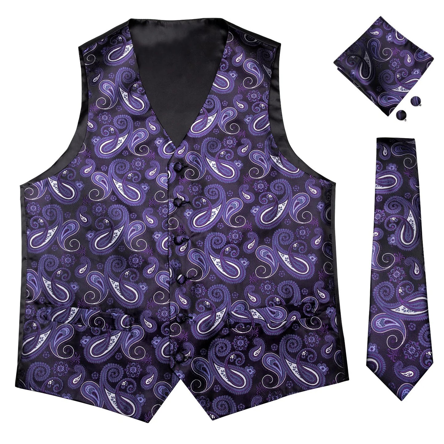 Purple and White Leaves Silk Vest Set - Masculine Clothes