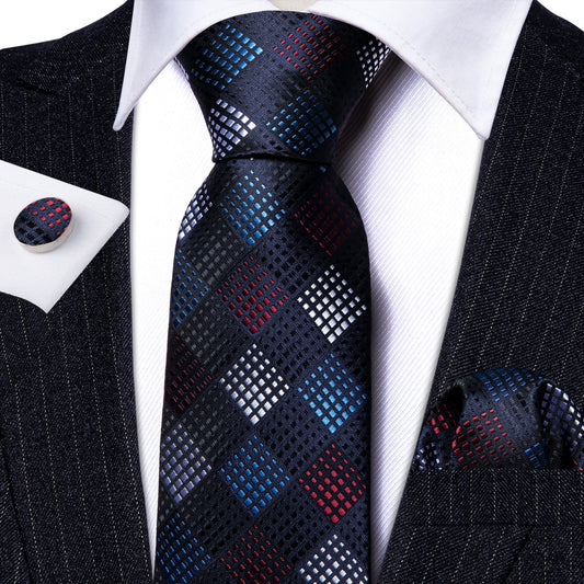 Red, Silver and Blue Plaid Tie Set - Masculine Clothes