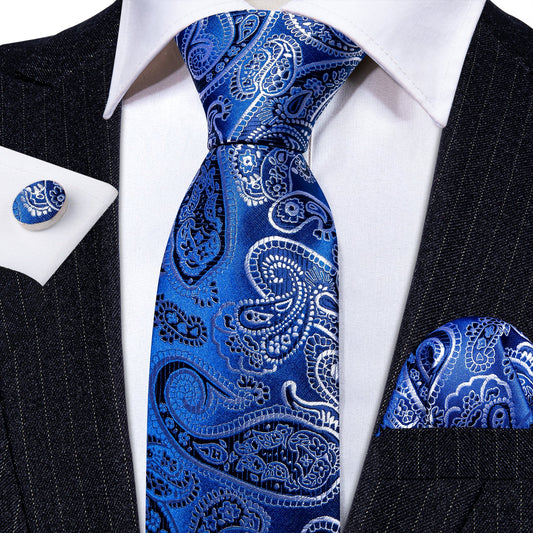 Luxury Silver White Leaves In Royal Blue Tie Set - Masculine Clothes