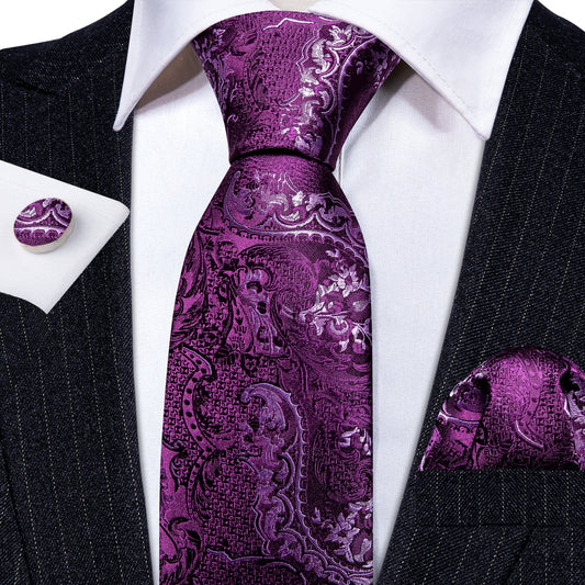 Lilac with White Dragon Leaves Tie Set - Masculine Clothes