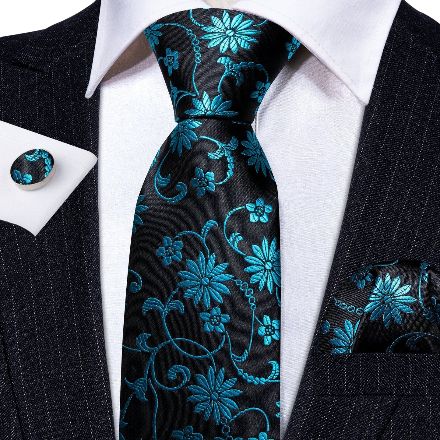 Green Floral In Black Tie Set - Masculine Clothes