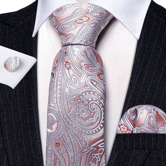 Red Flower with Silver Leaves In Pink Tie Set - Masculine Clothes