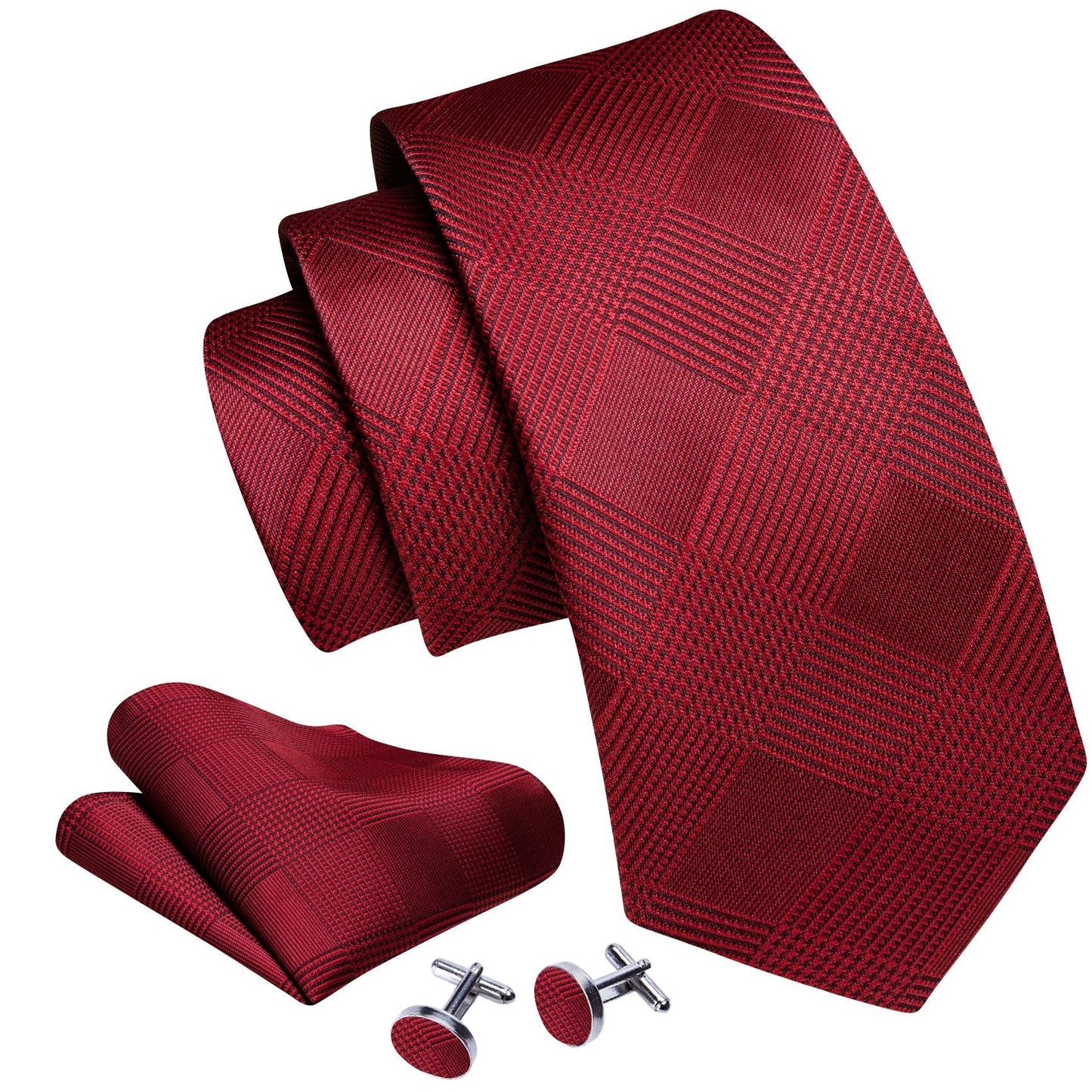 Luxury Burgundy Red Plaid Silk Tie Set - Masculine Clothes