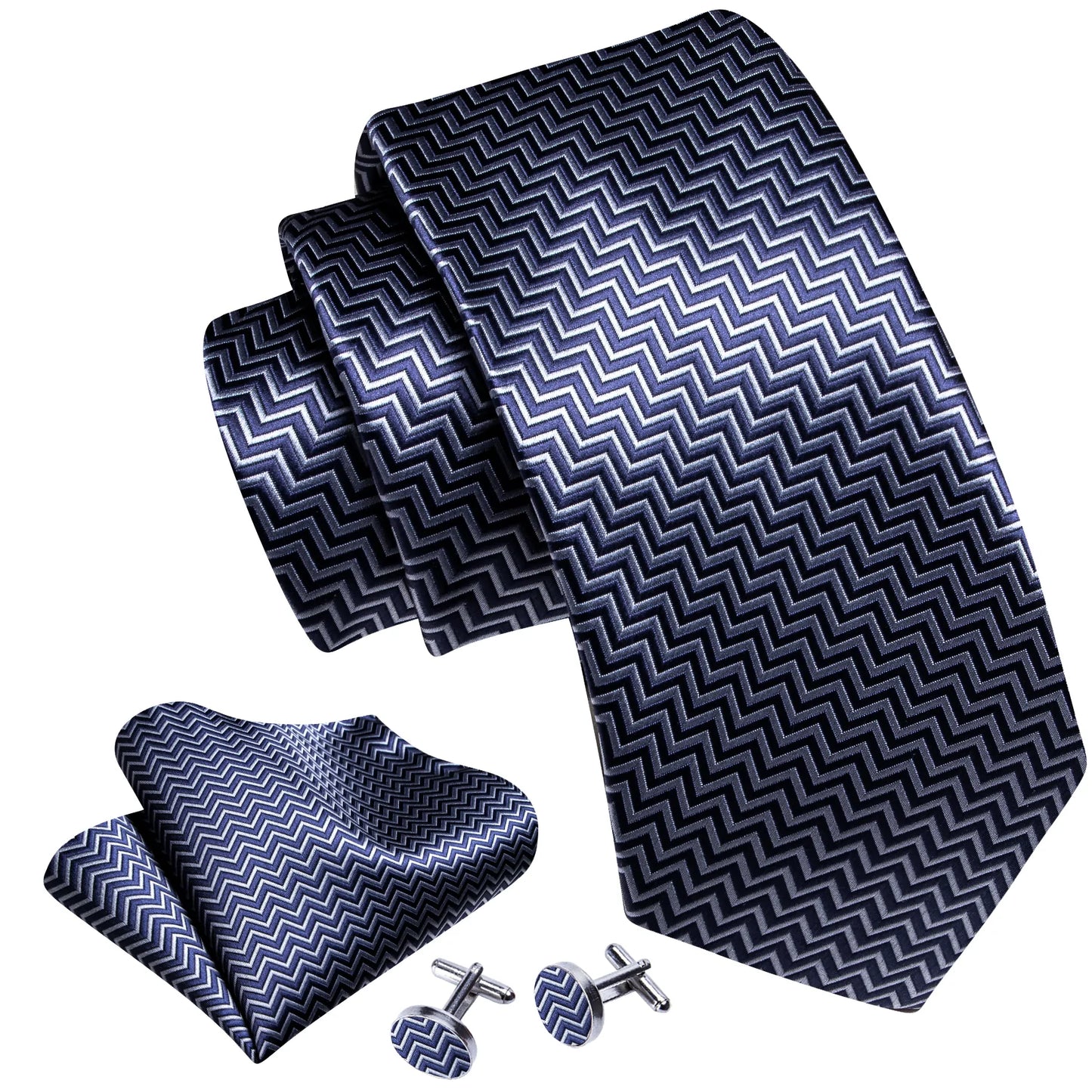 Gray and White Zigzag Lines Silk Tie Set - Masculine Clothes