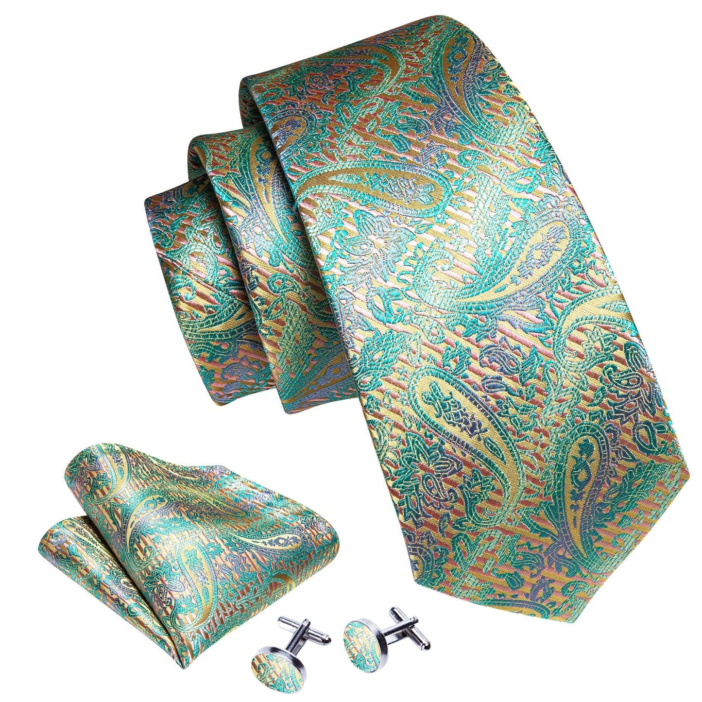 Luxury Teal Blue and Yellow Leaves Paisley Tie Set - Masculine Clothes