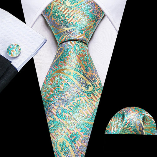 Luxury Teal Blue and Yellow Leaves Paisley Tie Set - Masculine Clothes