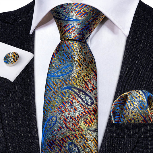 Luxury Sunset Blue Leaves Paisley Tie Set - Masculine Clothes