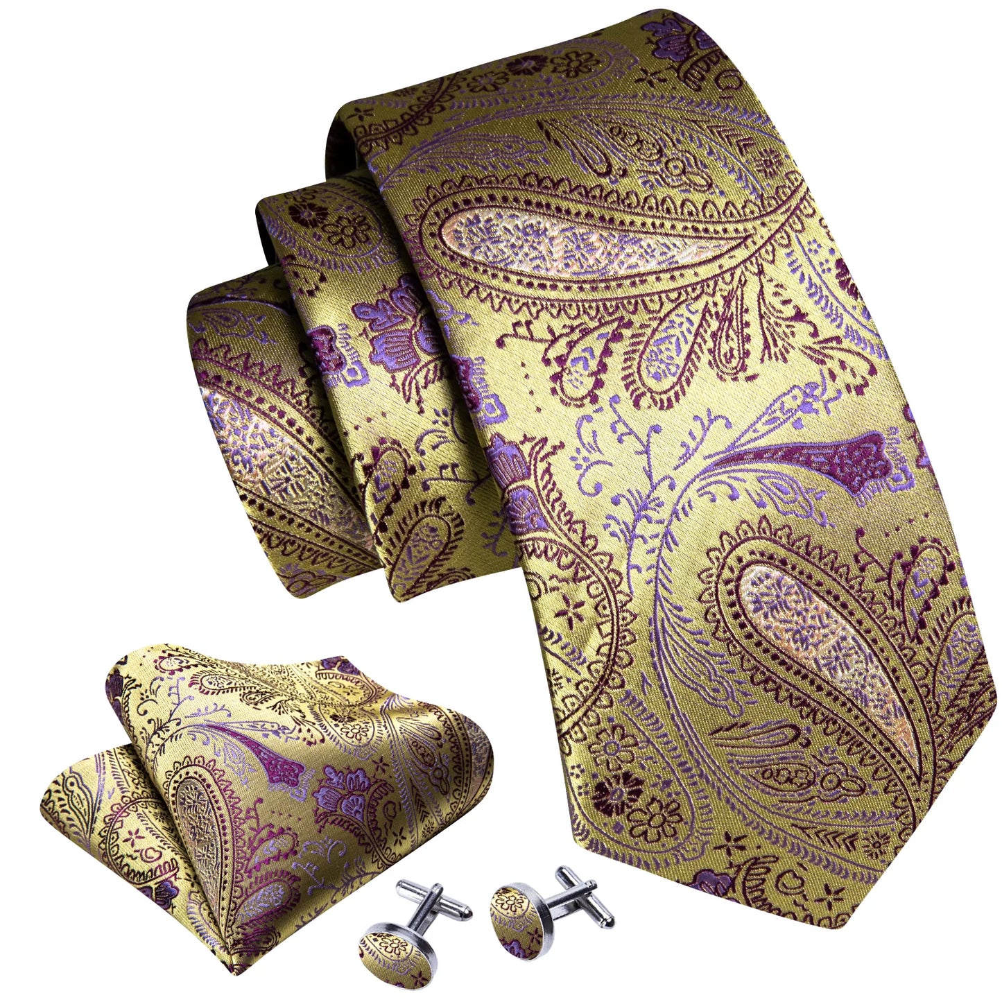 Luxury Gold and Lilac Leaves Paisley Tie Set - Masculine Clothes