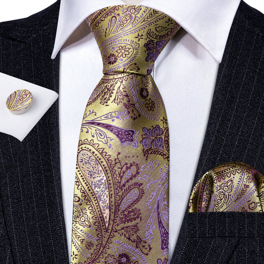 Luxury Gold and Lilac Leaves Paisley Tie Set - Masculine Clothes