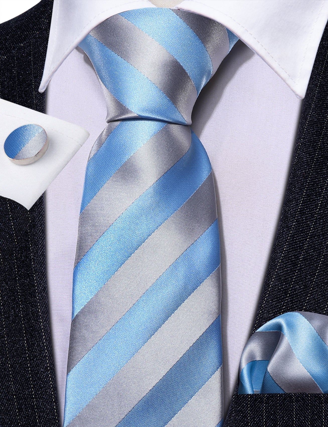 Sky Blue Stripes In Silver Silk Tie Set - Masculine Clothes