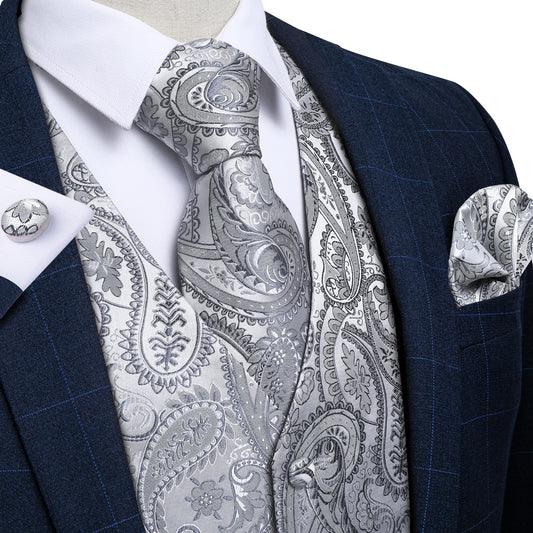 Silver Paisley Vest Set with Tie Ring - Masculine Clothes