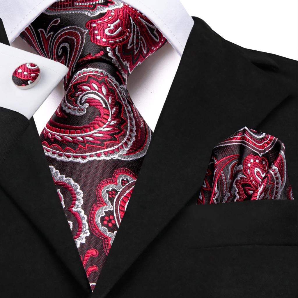 Red Flowers Paisley Tie Pocket Square and Cufflinks - Masculine Clothes