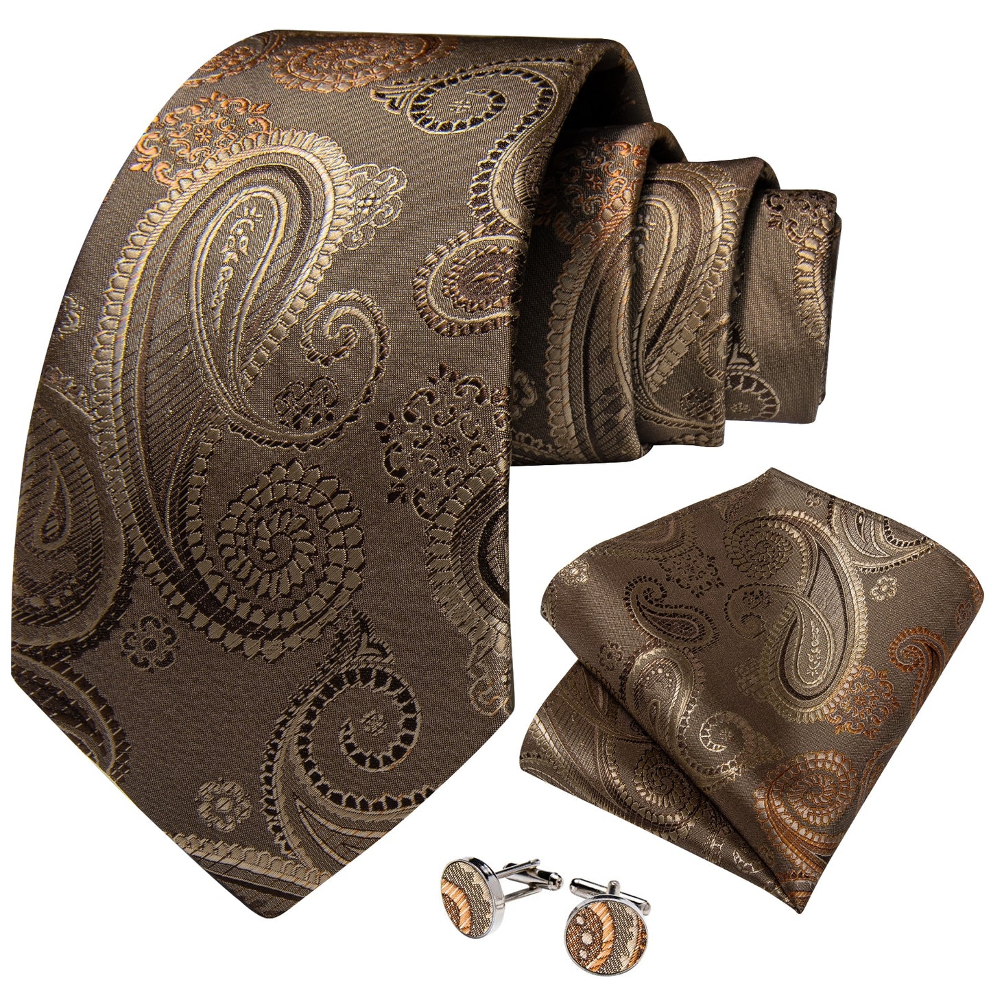 Premium Golden Brown Leaves Paisley Tie Set - Masculine Clothes