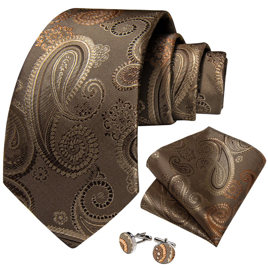 Premium Golden Brown Leaves Paisley Tie Set - Masculine Clothes