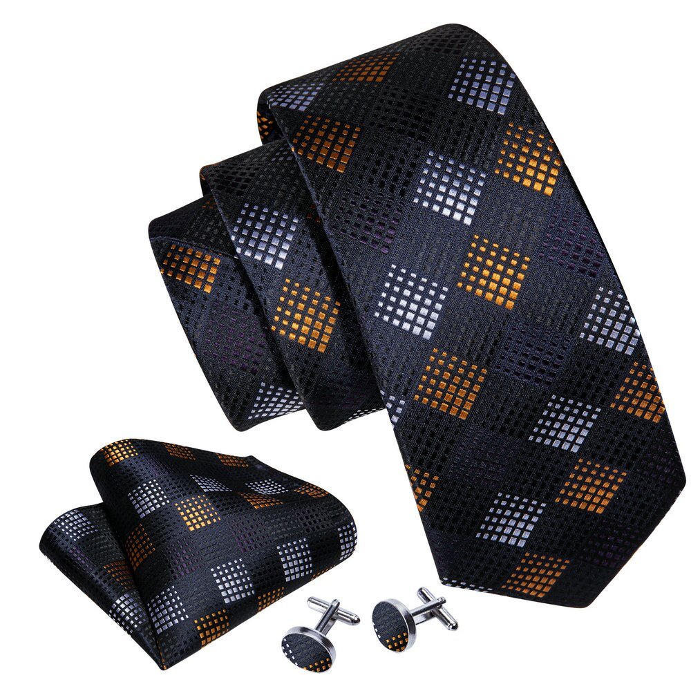 Yellow and Silver In Black Silk Tie Set - Masculine Clothes