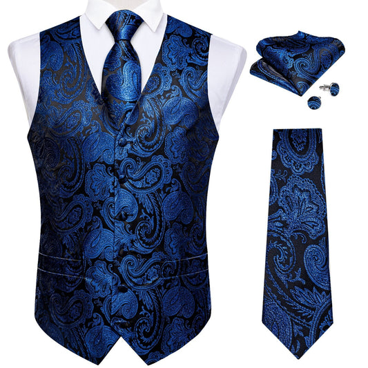 Blue Floral In Black Silk Vest Set - Masculine Clothes