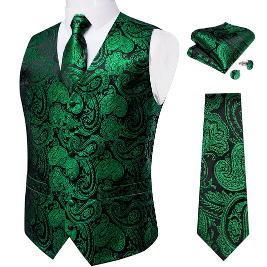 Green Floral In Black Vest Set - Masculine Clothes
