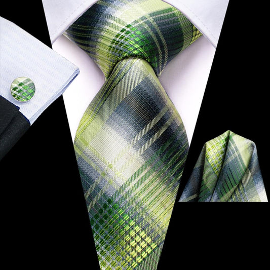 Yellow and Green Checkered Tie Set - Masculine Clothes