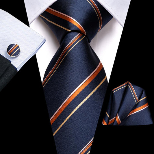 Orange Lines In Dark Blue Tie Set - Masculine Clothes