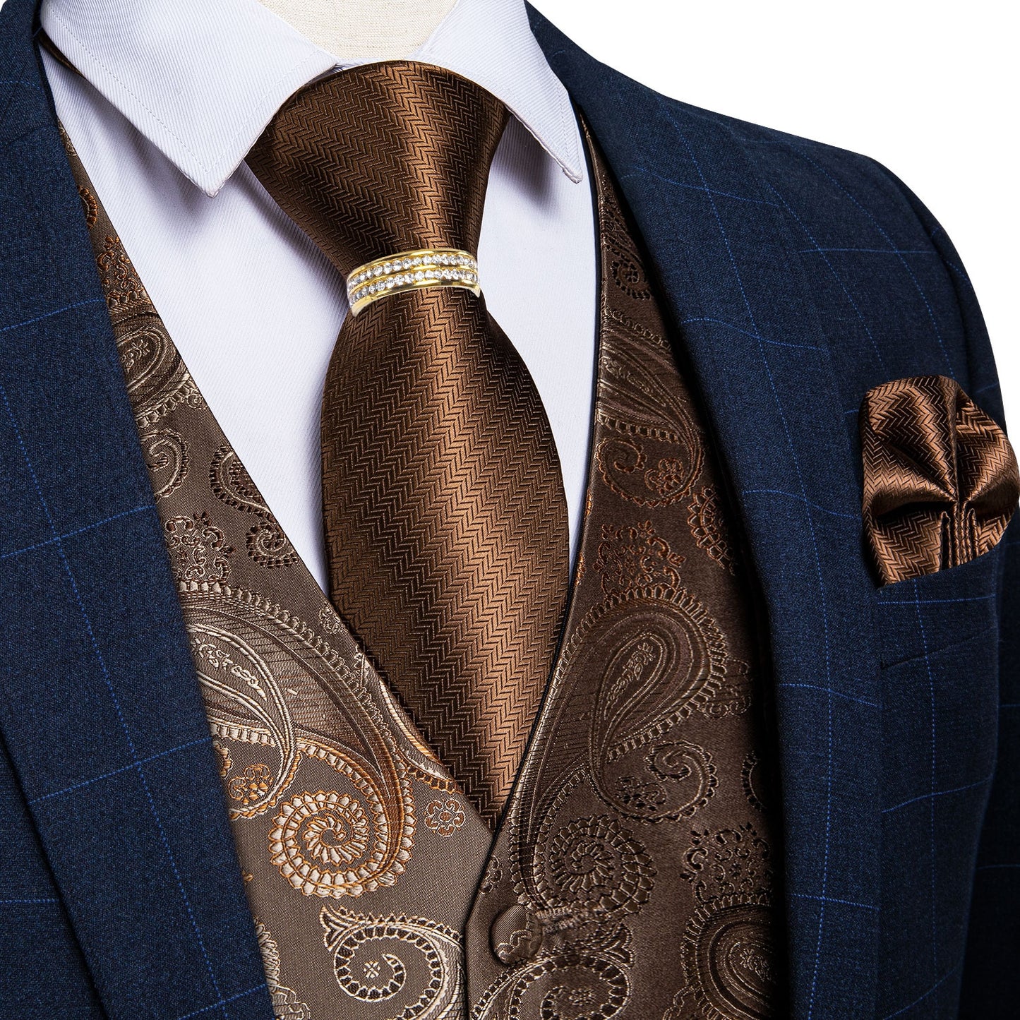 Brown Floral Paisley Vest Set with Tie Ring - Masculine Clothes