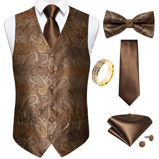 Brown Floral Paisley Vest Set with Tie Ring - Masculine Clothes
