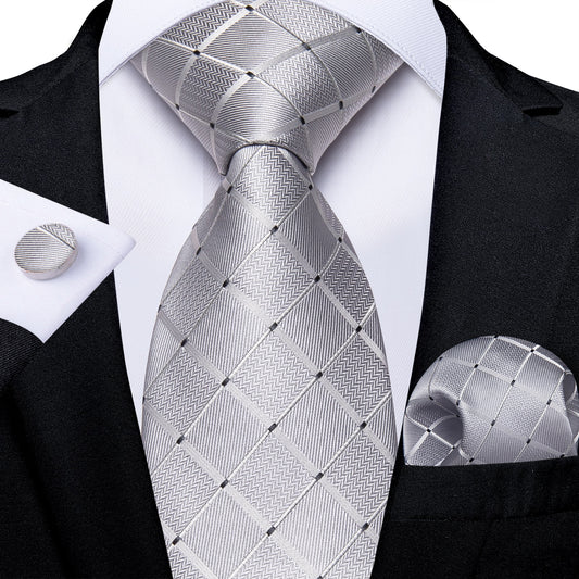 Silver Square Tie Ring, Tie Clip, Pocket Square and Cufflinks - Masculine Clothes