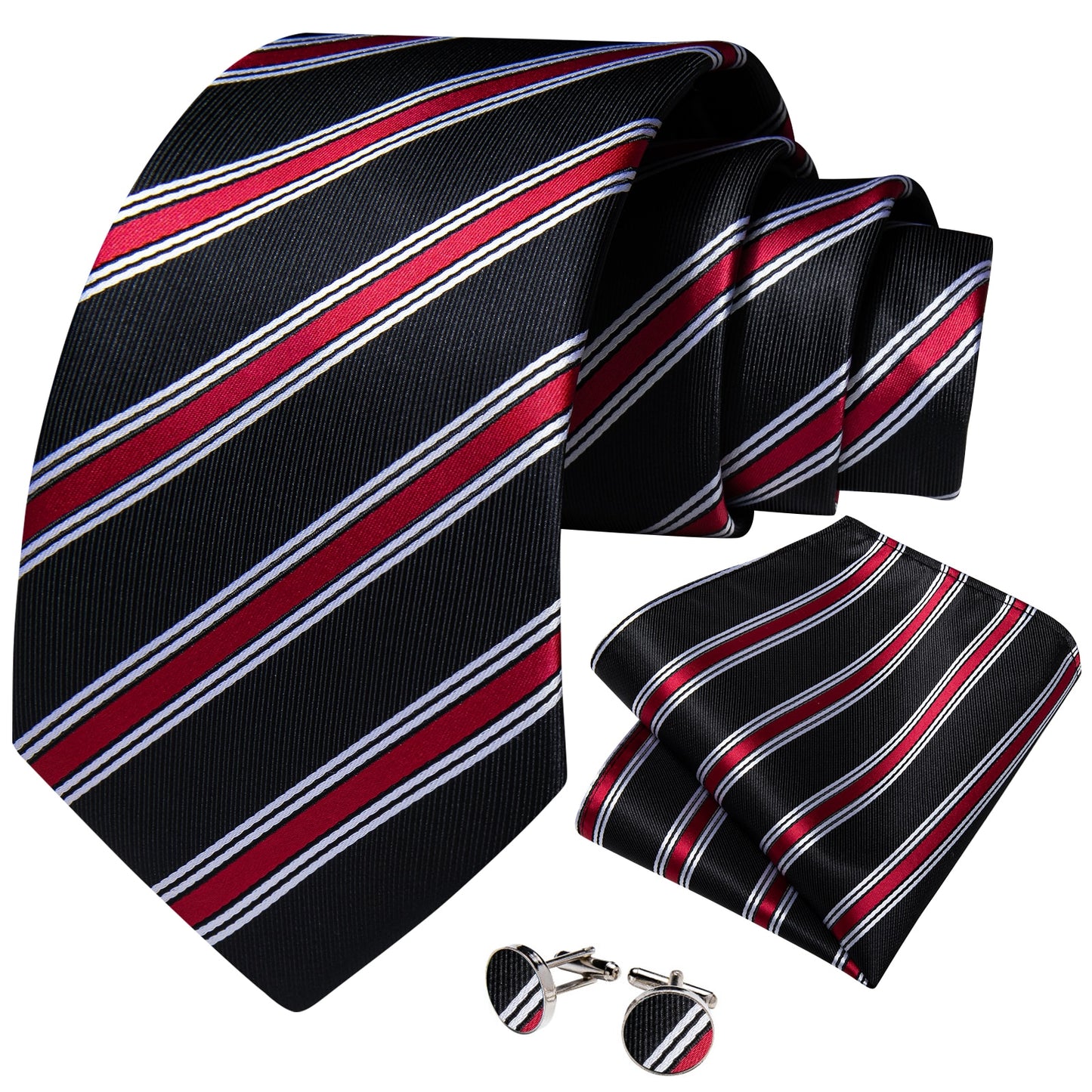 Red Lines In Black Silk Tie Set - Masculine Clothes