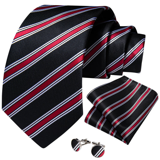 Red Lines In Black Silk Tie Set - Masculine Clothes