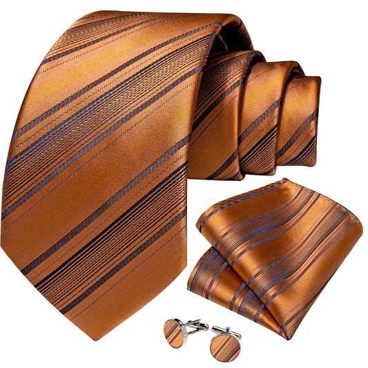 Rusty Orange Stripes Silk Tie Set - Masculine Clothes