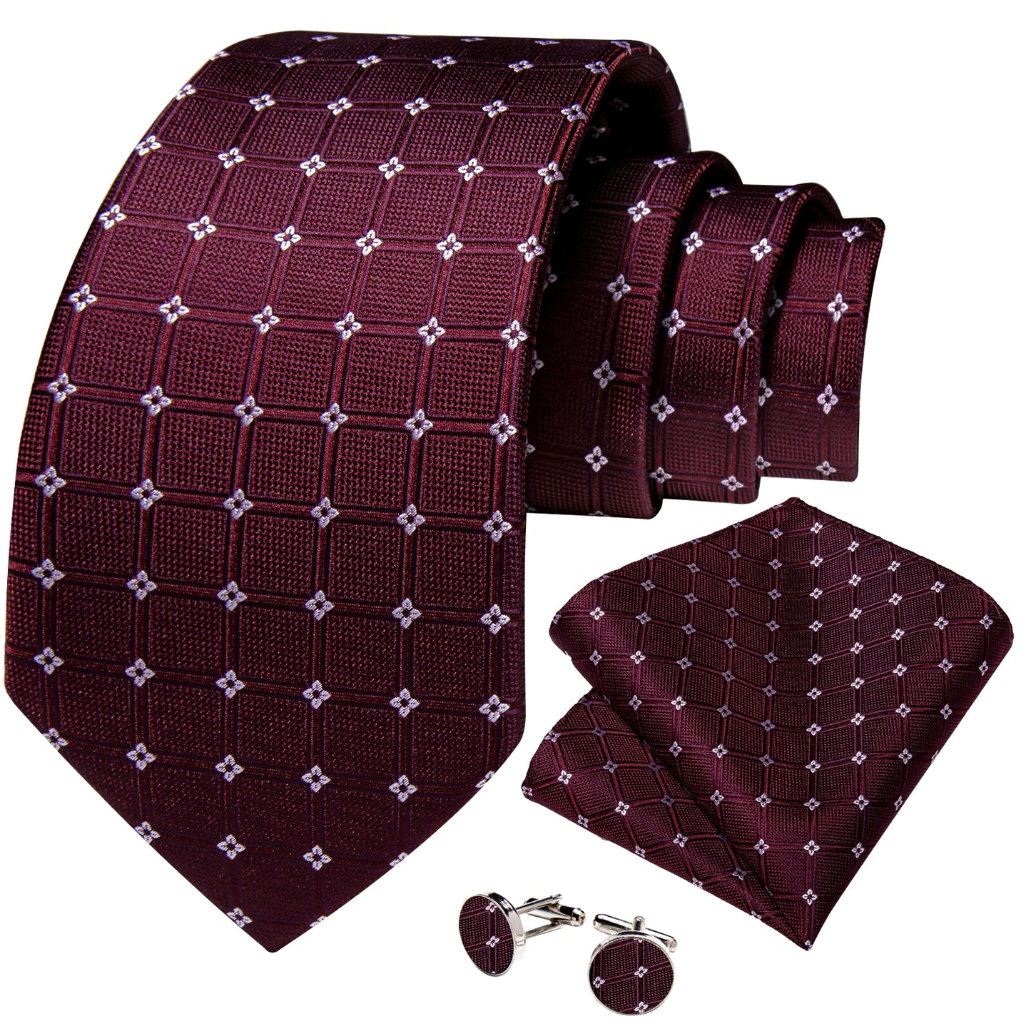 White Tiny Flowers In Burgundy Tie Set - Masculine Clothes