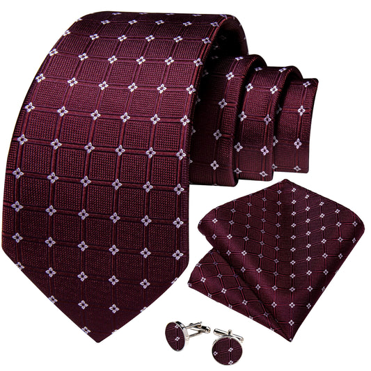 White Tiny Flowers In Burgundy Tie Set - Masculine Clothes