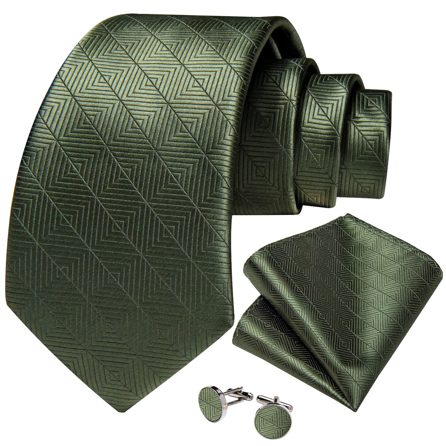 Shiny Olive Green Silk Tie Set - Masculine Clothes