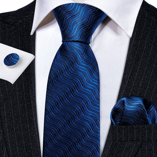 Royal Blue Waves Silk Tie Set - Masculine Clothes