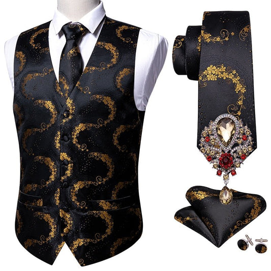 Gold Tiny Flowers In Black Vest Set with Brooch - Masculine Clothes